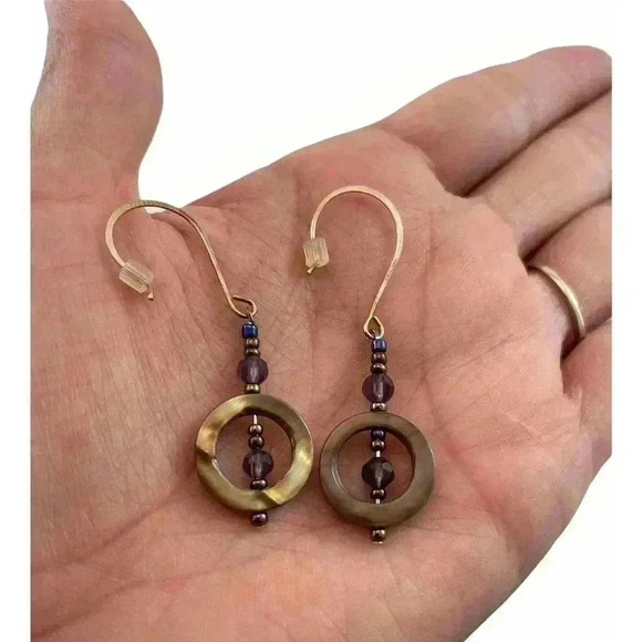 Brown Seashells Purple Faceted Bead Fish Hook Earrings - Picture 7 of 9